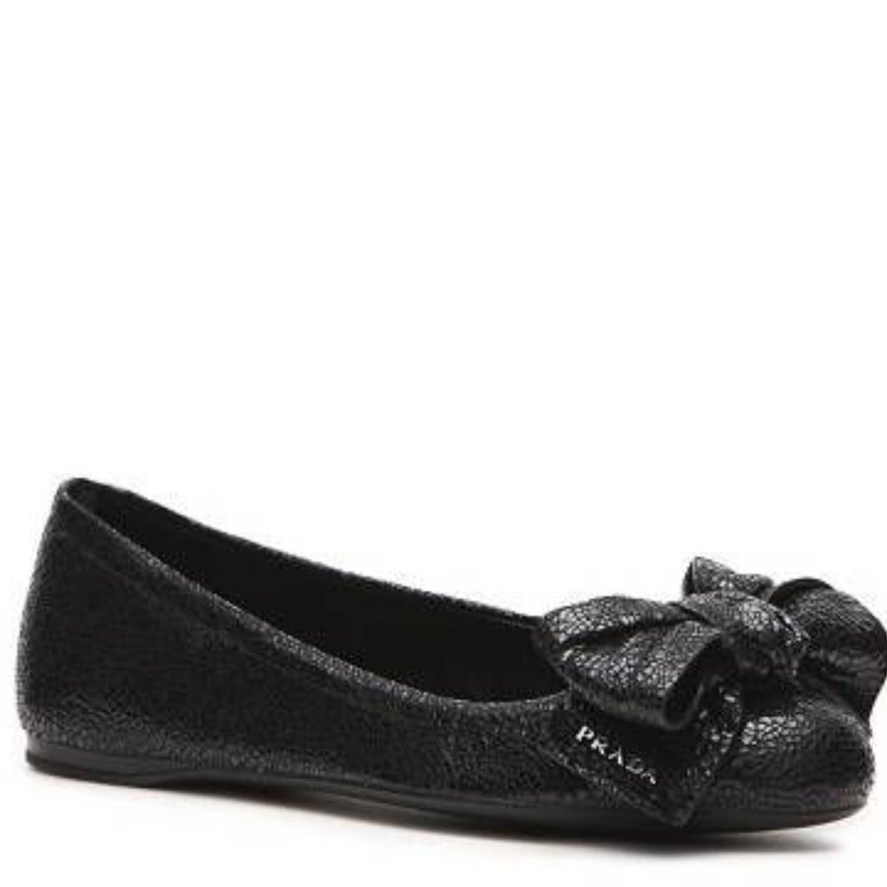 PRADA Cracked Leather Bow Accents Ballet Flats 9.5